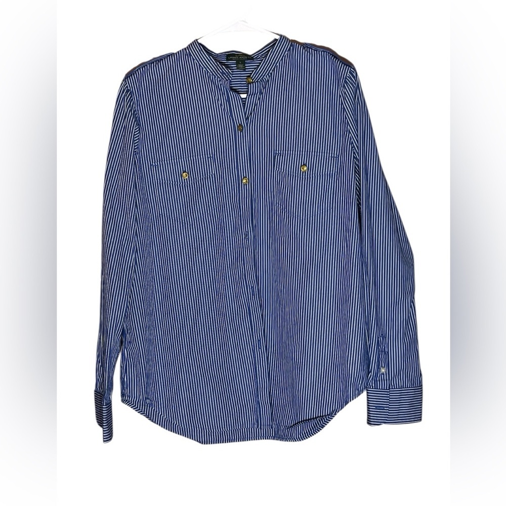 LAUREN RALPH LAUREN Women's Blue White Stripe Captain Button Up Blouse Large